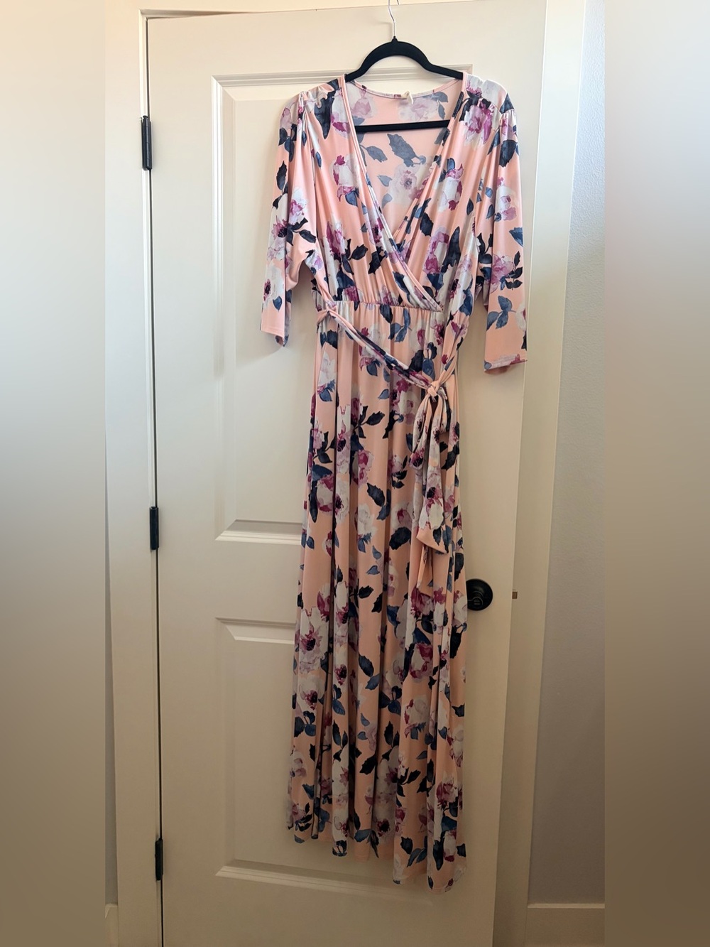 Pinkblush Peach Floral Wrap Maxi Dress with Navy & Mauve Accents